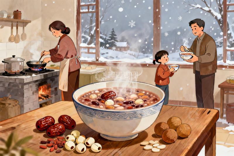 高清大图下载【趣麦麦图】冬日厨房家人共煮腊八粥