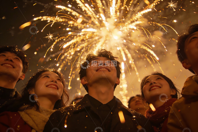 高清大图下载【趣麦麦图】夜空烟花下欢笑人群