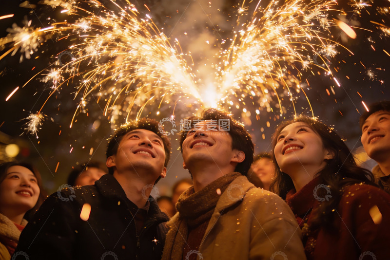 高清大图下载【趣麦麦图】夜空中绽放烟花众人仰望