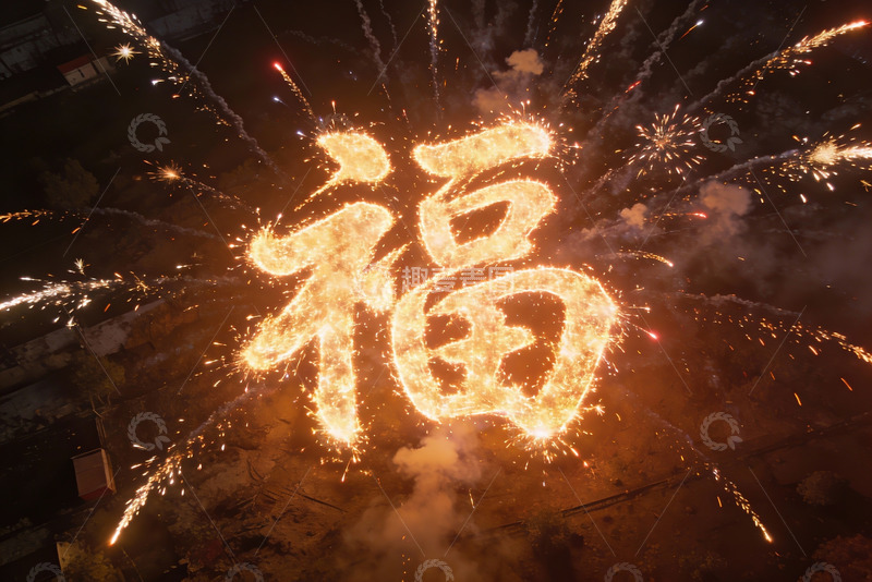 高清大图下载【趣麦麦图】夜空中绽放的烟花福字