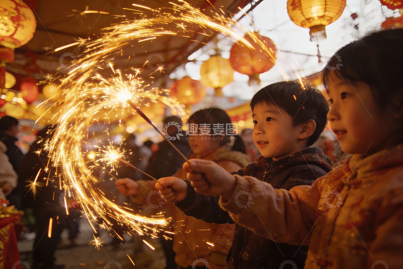 高清大图下载【趣麦麦图】儿童手持烟花欢庆节日