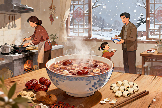 冬日厨房家人共食热粥温馨场景