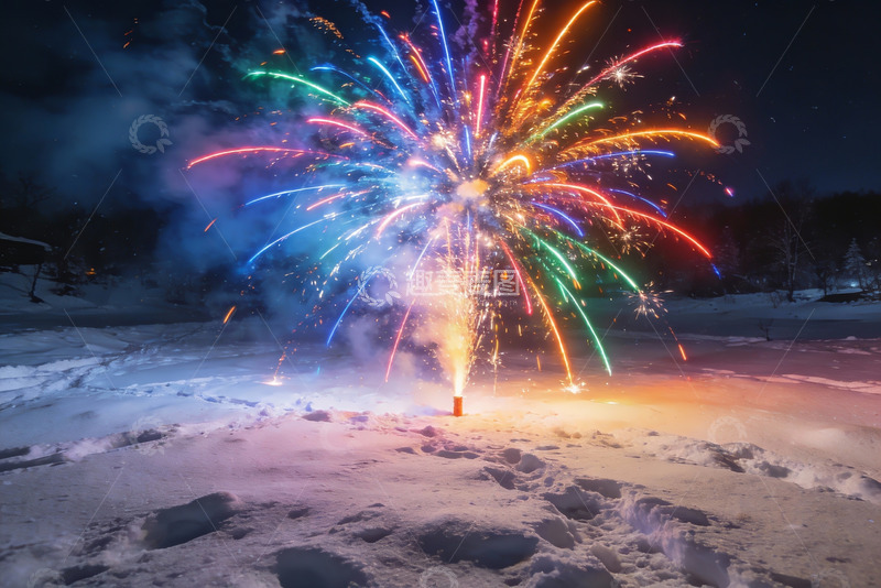 高清大图下载【趣麦麦图】雪地夜空烟花绽放绚丽多彩