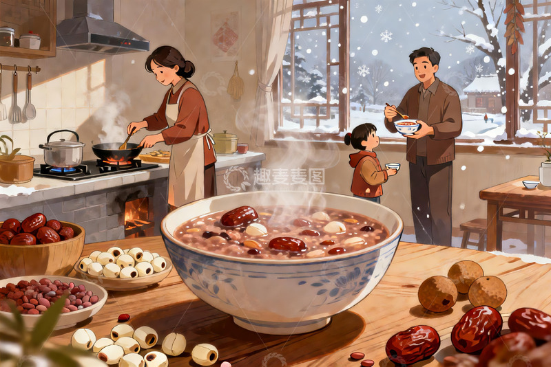 高清大图下载【趣麦麦图】冬日厨房家人共煮腊八粥