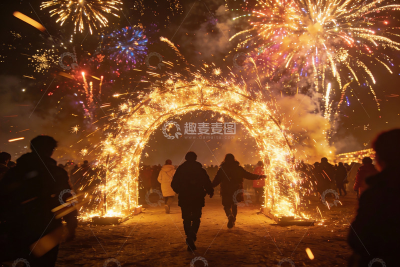高清大图下载【趣麦麦图】夜空烟花拱门下人群漫步