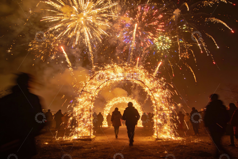 高清大图下载【趣麦麦图】夜空烟花璀璨人群漫步