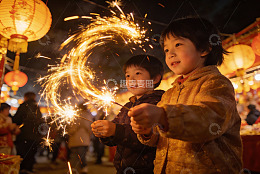 儿童手持烟花夜景