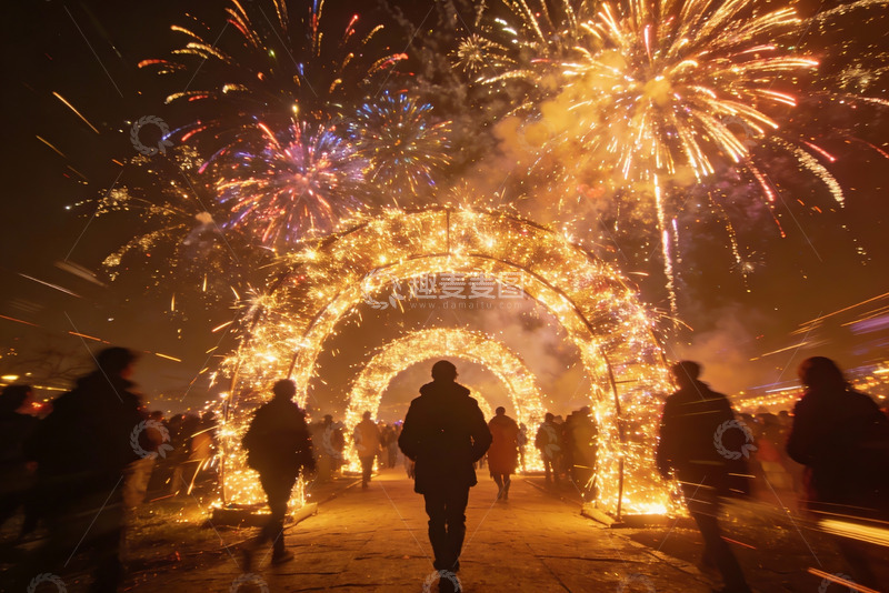 高清大图下载【趣麦麦图】夜空烟花拱门人群