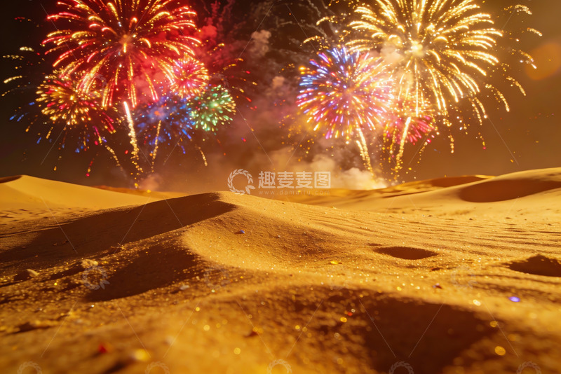 高清大图下载【趣麦麦图】沙漠夜空烟花绽放