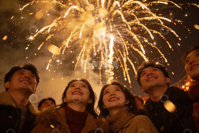 高清大图下载【趣麦麦图】夜空烟花下欢笑人群