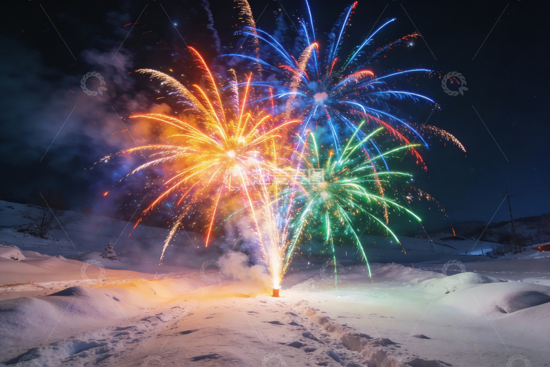 高清大图下载【趣麦麦图】雪地夜空烟花绽放绚丽景象