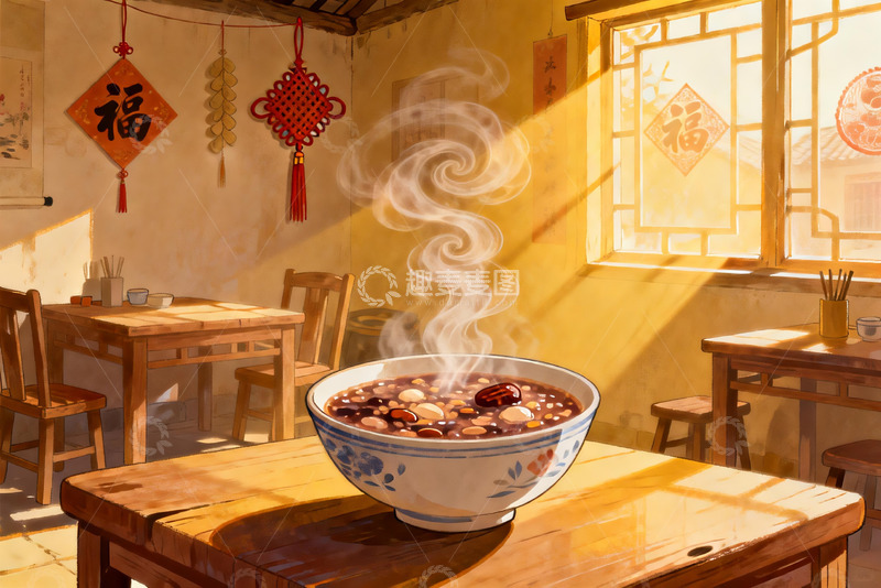 高清大图下载【趣麦麦图】暖阳下的中式餐桌与热粥