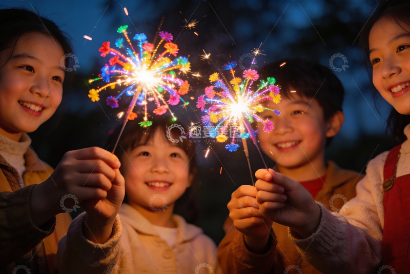 高清大图下载【趣麦麦图】儿童手持烟花绽放欢乐瞬间