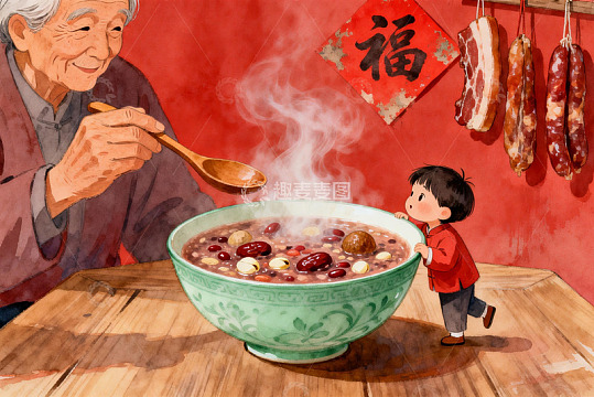 祖孙共享腊八粥温馨场景