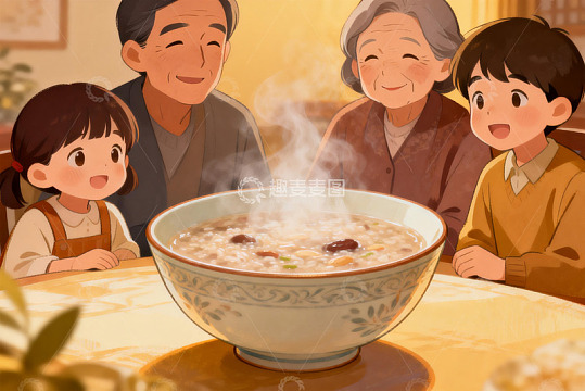 温馨家庭共进热粥晚餐