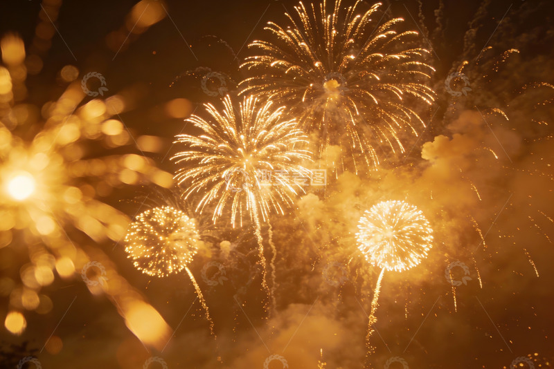 高清大图下载【趣麦麦图】夜空中绽放的金色烟花盛宴