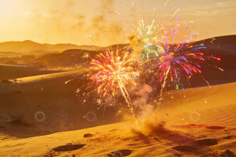 高清大图下载【趣麦麦图】沙漠日落烟花绽放美景