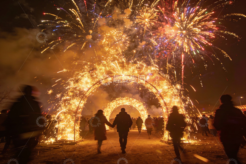 高清大图下载【趣麦麦图】夜空烟花拱门人群