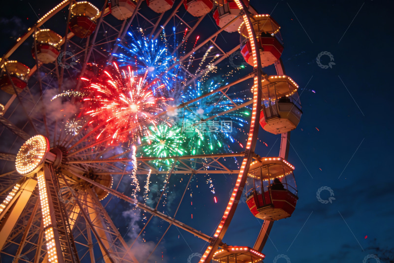 高清大图下载【趣麦麦图】摩天轮夜空烟花绽放