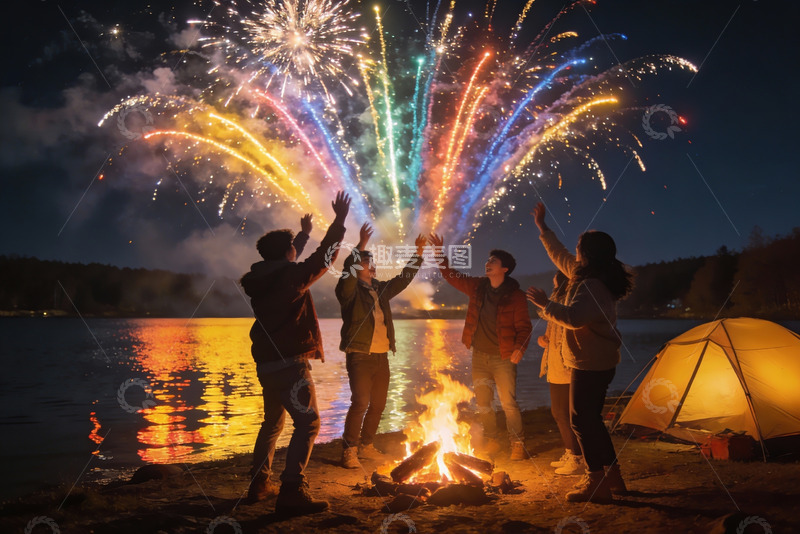 高清大图下载【趣麦麦图】夜幕下篝火旁烟花绽放
