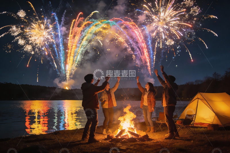 高清大图下载【趣麦麦图】湖畔篝火烟花派对