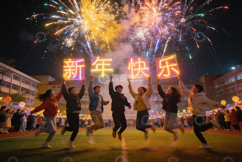 高清大图下载【趣麦麦图】新年夜烟火下青春跳跃
