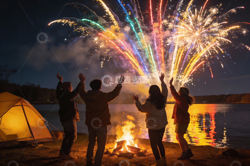 高清大图下载【趣麦麦图】夜幕篝火烟花派对