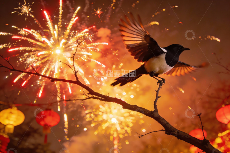 高清大图下载【趣麦麦图】夜空烟花飞鸟枝头