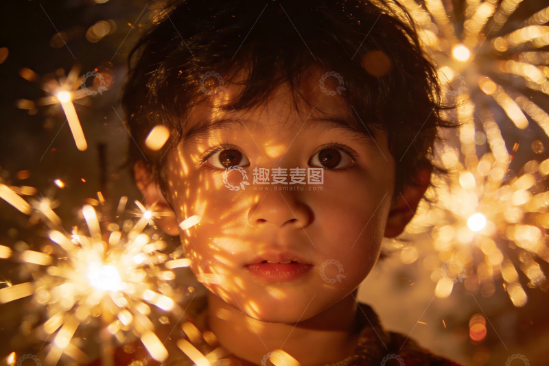 高清大图下载【趣麦麦图】烟花映照下的孩童专注神情