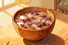 木质碗盛八宝粥暖光照射