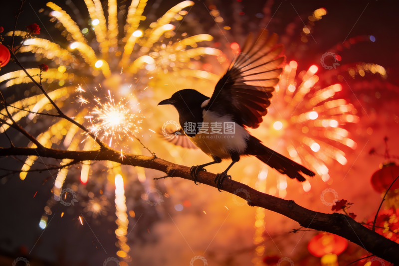 高清大图下载【趣麦麦图】烟花树梢飞鸟夜景