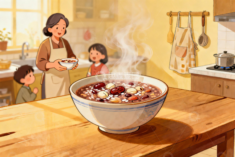 高清大图下载【趣麦麦图】厨房热气腾腾的粥与家人