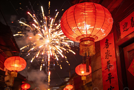 夜空中绽放的烟花与红灯笼