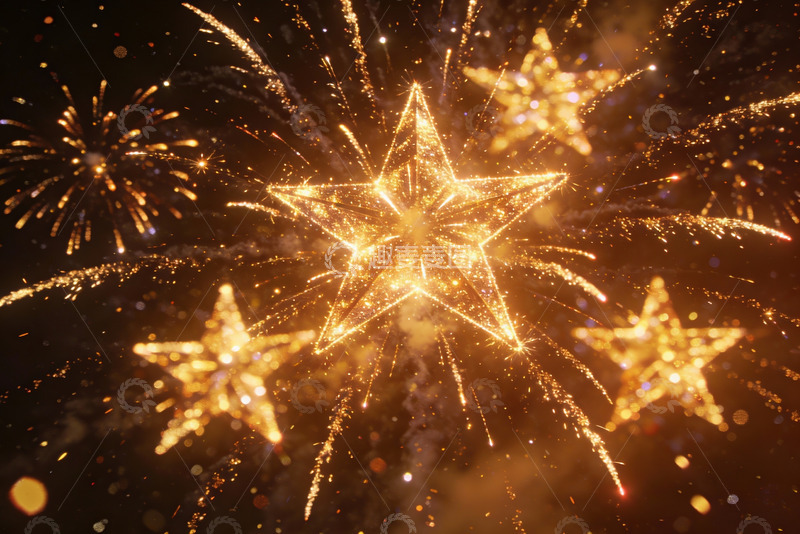 高清大图下载【趣麦麦图】璀璨烟花夜空绽放金色星形