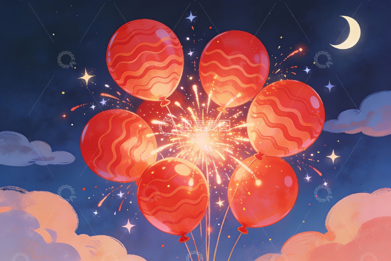 高清大图下载【趣麦麦图】夜空烟花气球梦幻场景