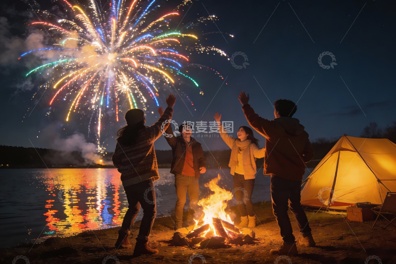 高清大图下载【趣麦麦图】湖畔篝火烟花派对