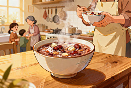 厨房家人共享热粥温馨场景