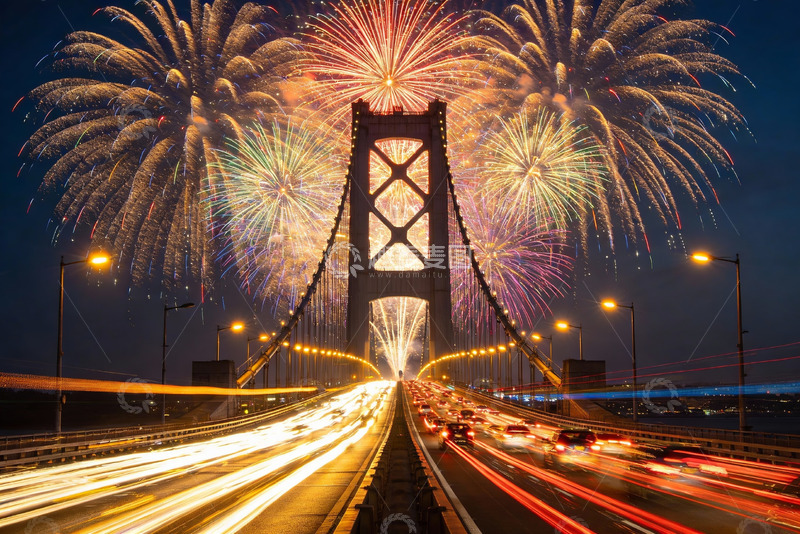 高清大图下载【趣麦麦图】夜幕大桥烟花璀璨车流如织