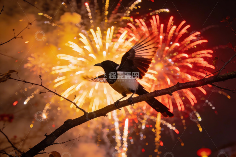高清大图下载【趣麦麦图】夜空飞鸟烟花绽放