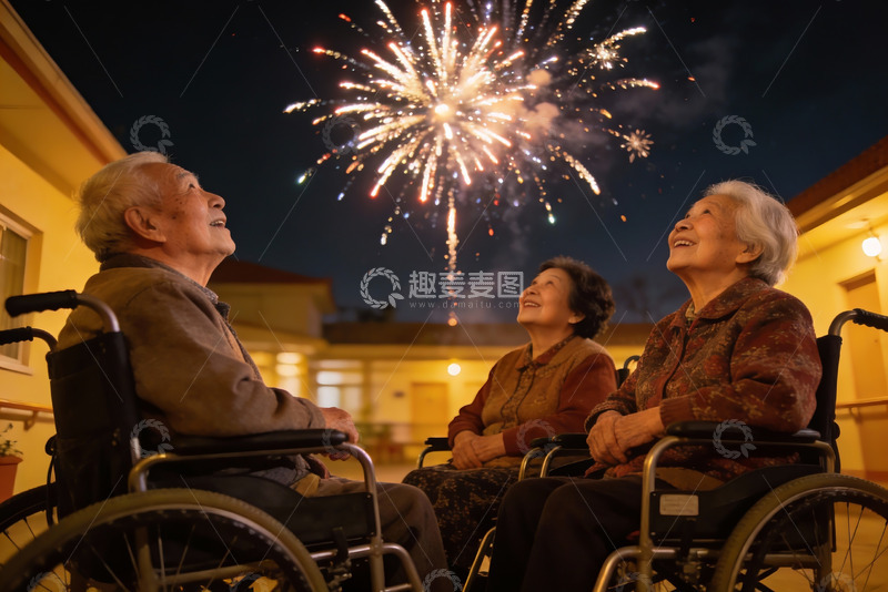 高清大图下载【趣麦麦图】三位老人夜赏烟花