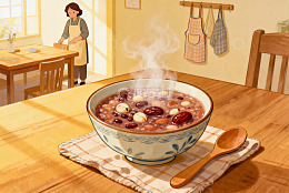 热气腾腾的红豆粥与温馨厨房