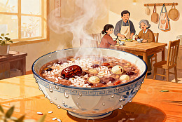 温馨家庭共进热粥晚餐