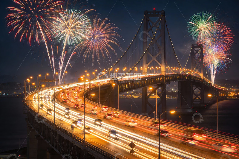 高清大图下载【趣麦麦图】夜幕大桥烟花璀璨车流不息