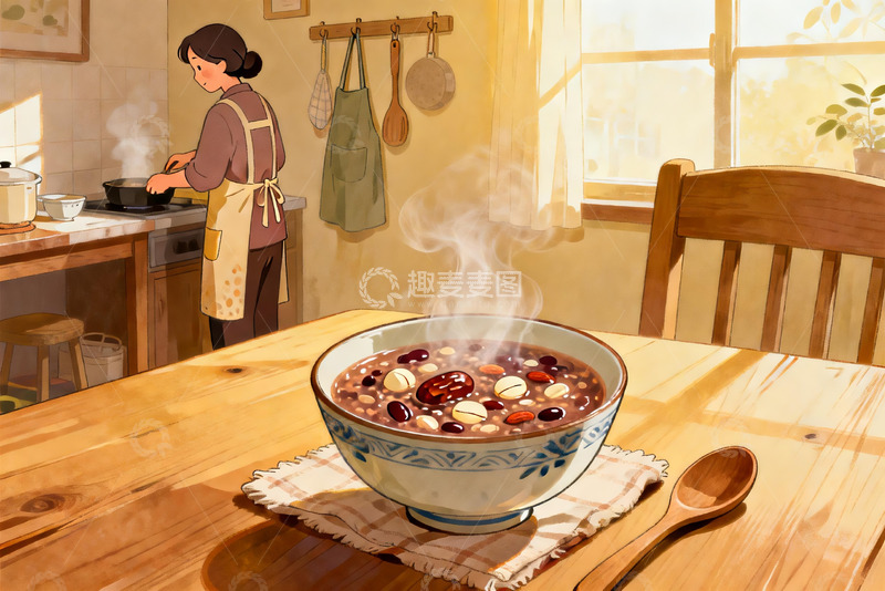 高清大图下载【趣麦麦图】厨房热气腾腾的红豆粥