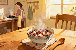 厨房热气腾腾的红豆粥