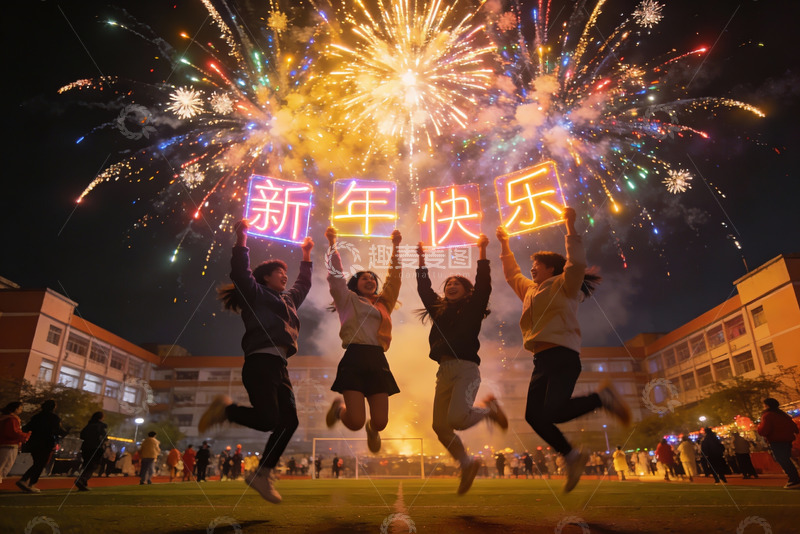 高清大图下载【趣麦麦图】新年夜烟花下青春跳跃