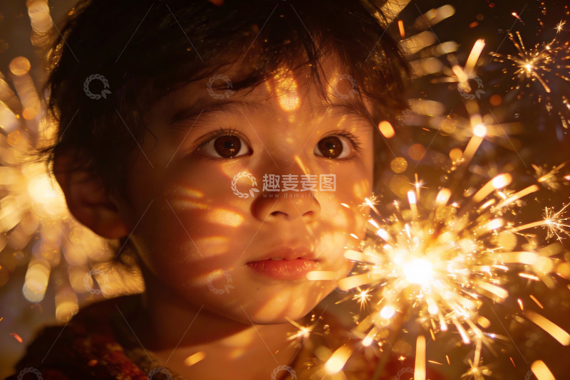 高清大图下载【趣麦麦图】孩童手持烟花专注凝视