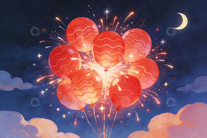 高清大图下载【趣麦麦图】夜空烟花气球梦幻场景