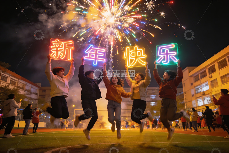 高清大图下载【趣麦麦图】新年夜烟火下欢庆跳跃