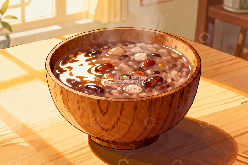 高清大图下载【趣麦麦图】木质碗盛热气腾腾的杂粮粥